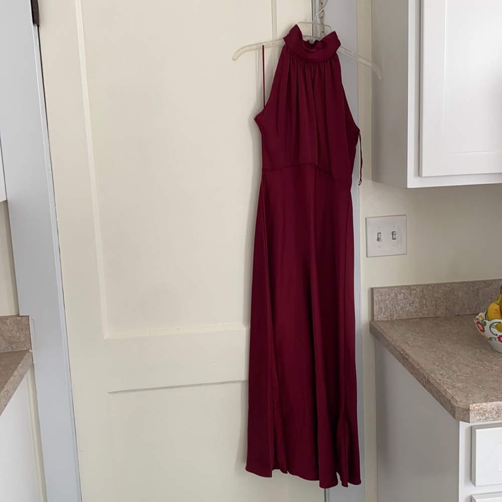 Burgundy satin dress.  I’m 5’4” length comes to my mid calf